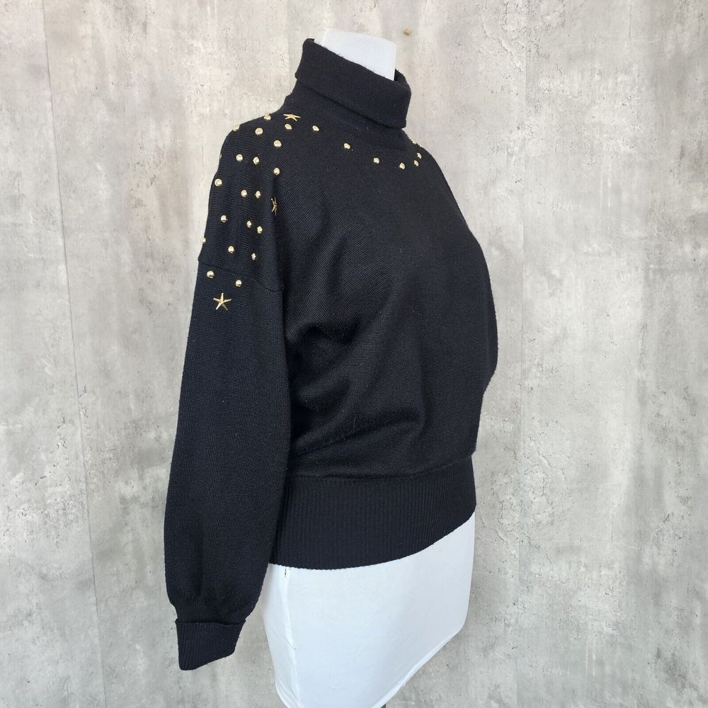 Vintage 80s Meister Womens M Black Knit Turtleneck Sweater Brass Studded Detail - Picture 3 of 8